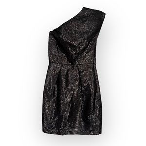 ABS Allen Schwartz Black Mini Dress One Shoulder Silver Metallic Cocktail Sz 0